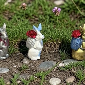 Small Rabbit with a basket of Paper Roses in Resin Soil